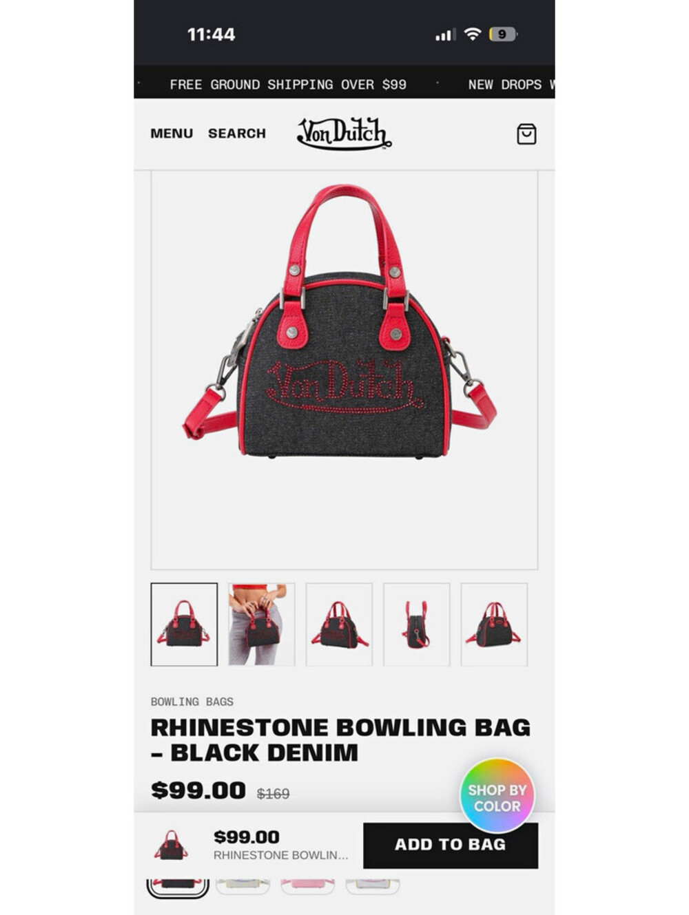 Von Dutch Rhinestone Logo Bowling Bag Black/Red Zip Double Handles Det Strap